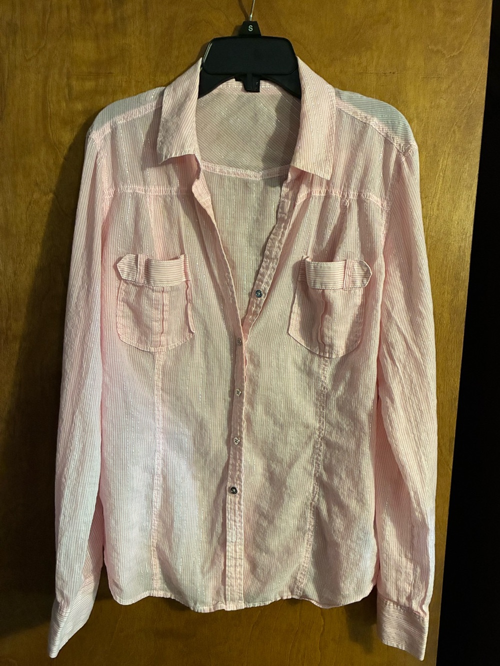Light Pink with silver metallic thread woman’s Button-Up Shirt silver buttons